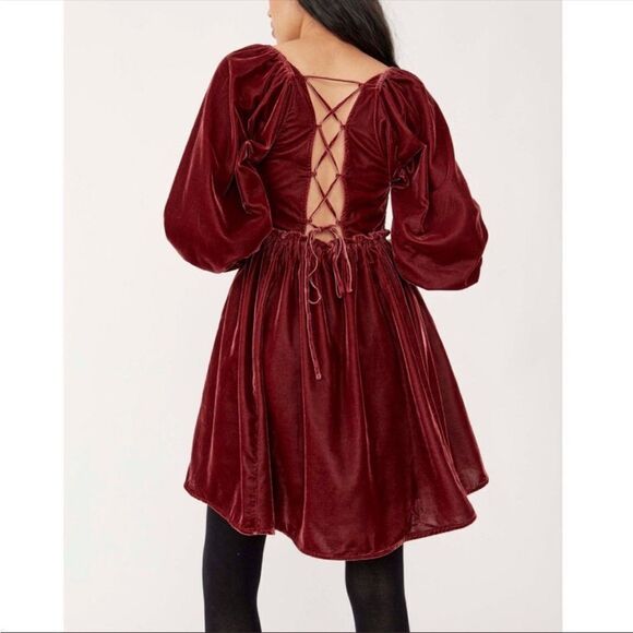 NWTGS Free People Daphne Velvet Mini Dress with Corset Back in Roan Rouge - Picture 2 of 13